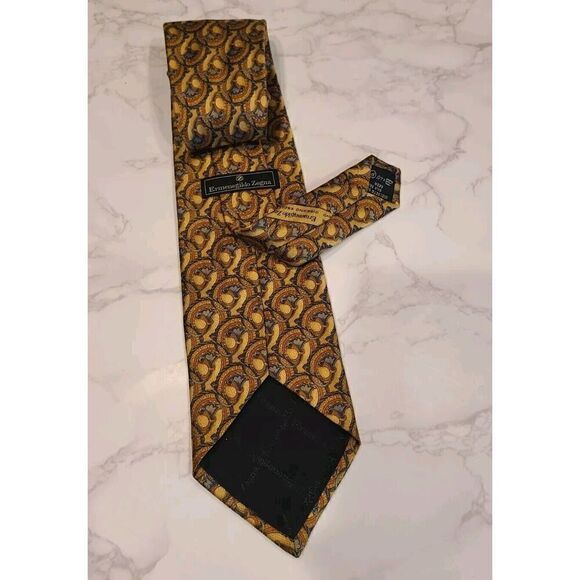 Ermenegildo Zegna Luxe Men's Silk Neck Tie Golden Brown Navy Blue Design Italy - Picture 3 of 8